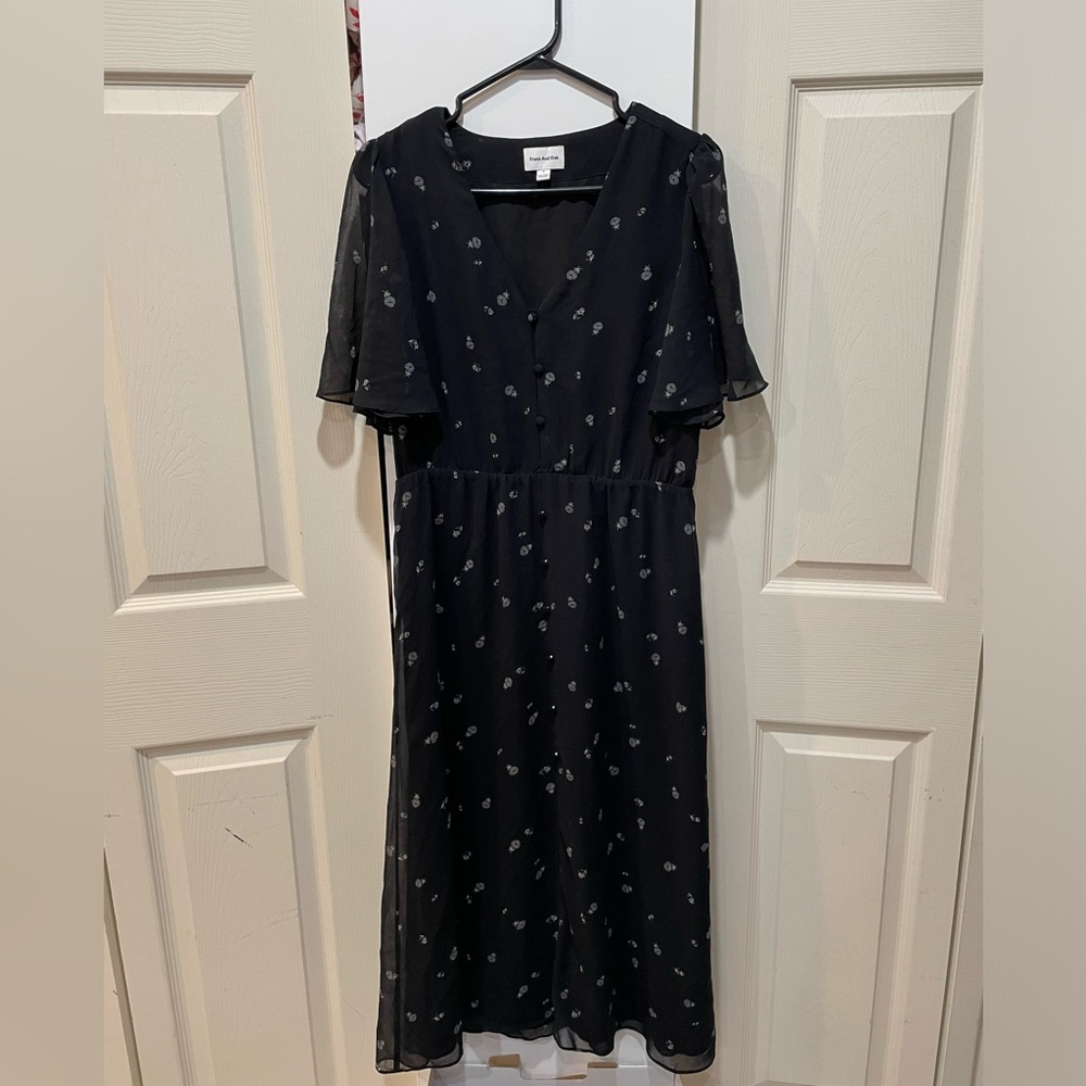 Frank and oak floral button down black  short sleeves midi dress size medium